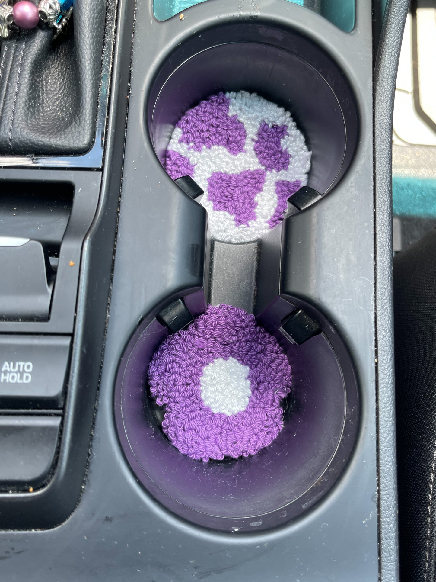 Purple Cow print and flower car coaster