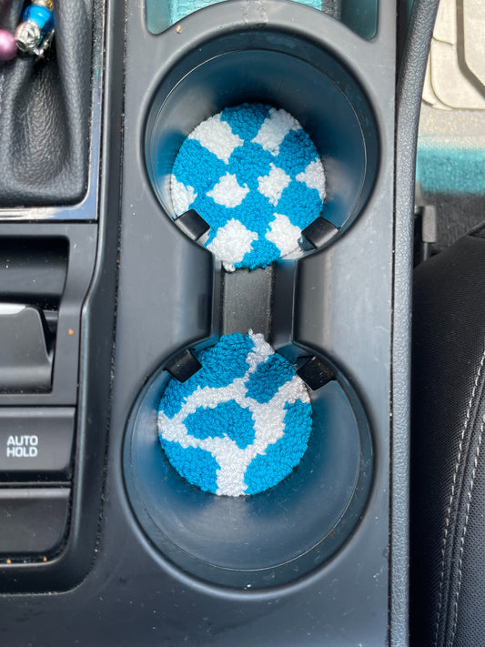 Light Blue Checkered and Cow Print Car Coasters